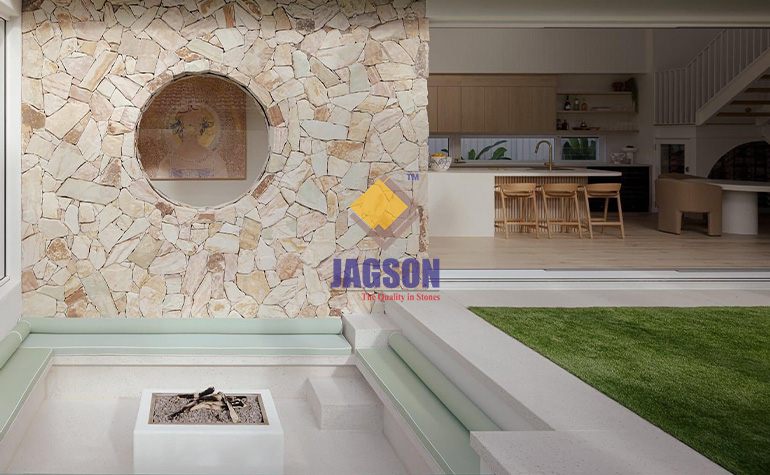 Random stone fireplace surround creates
